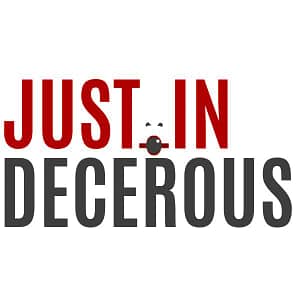Justin Decorous Logo Red and Black type on white background