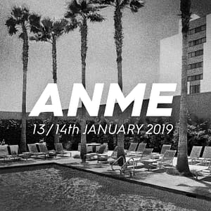 ANME Logo n White on a black & White background image of palm trees and sun beds around a pool
