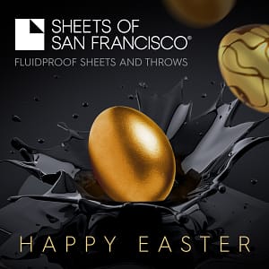 Golden Egg Nestling in Black Splash on Black Background with White Sheets of San Francisco Logo and Happy Easter Message